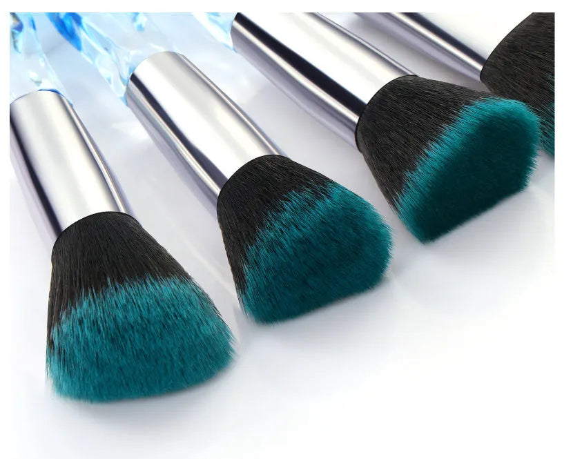 Ten clear crystal diamond-handle foundation brushes with synthetic bristles in four colour options