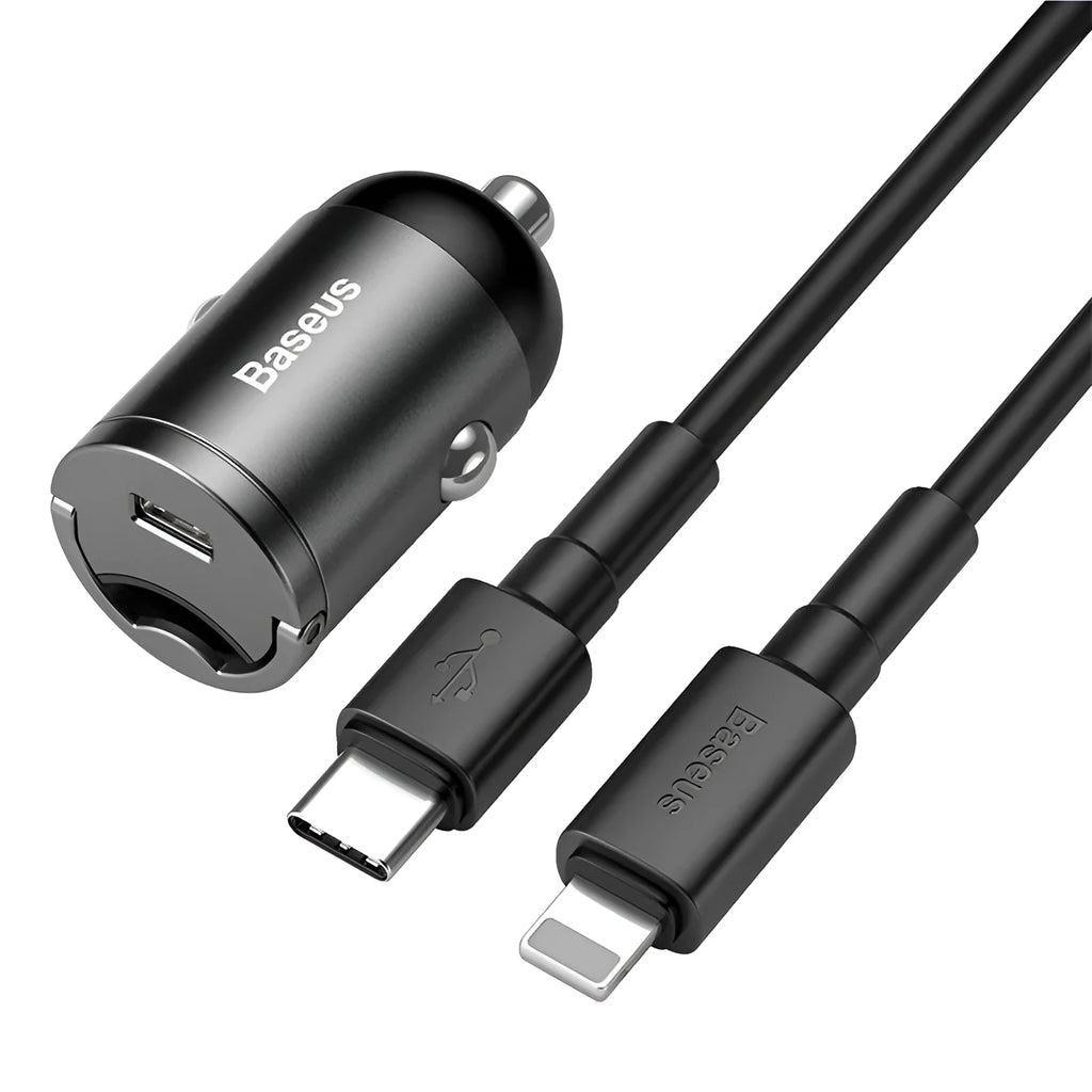 Baseus Huixiaoxing Mini 30W single USB car charger in electro-optical grey with 1m cable