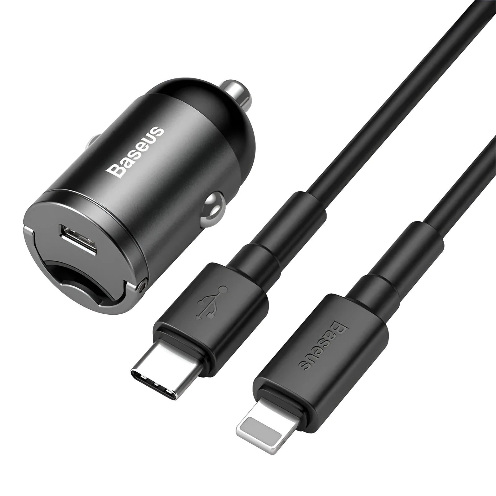 Baseus Huixiaoxing Mini 30W single USB car charger in electro-optical grey with 1m cable