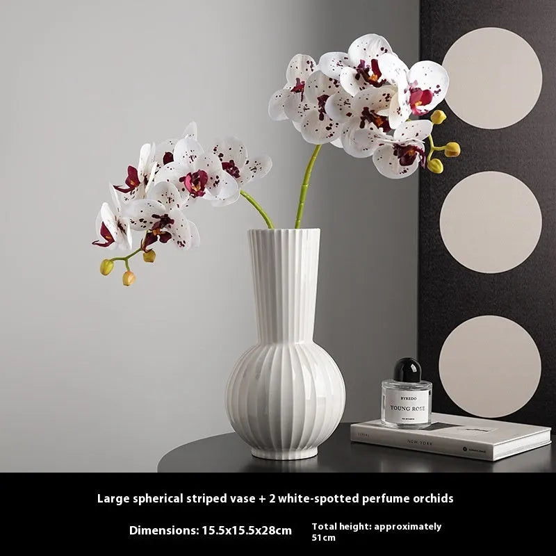 White ceramic vase with striped ball design in American country style for table decoration