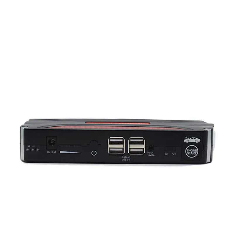 Black-red 12V emergency starting power supply with 7800mAh battery capacity measuring 178mm long