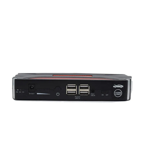 Black-red 12V emergency starting power supply with 7800mAh battery capacity measuring 178mm long