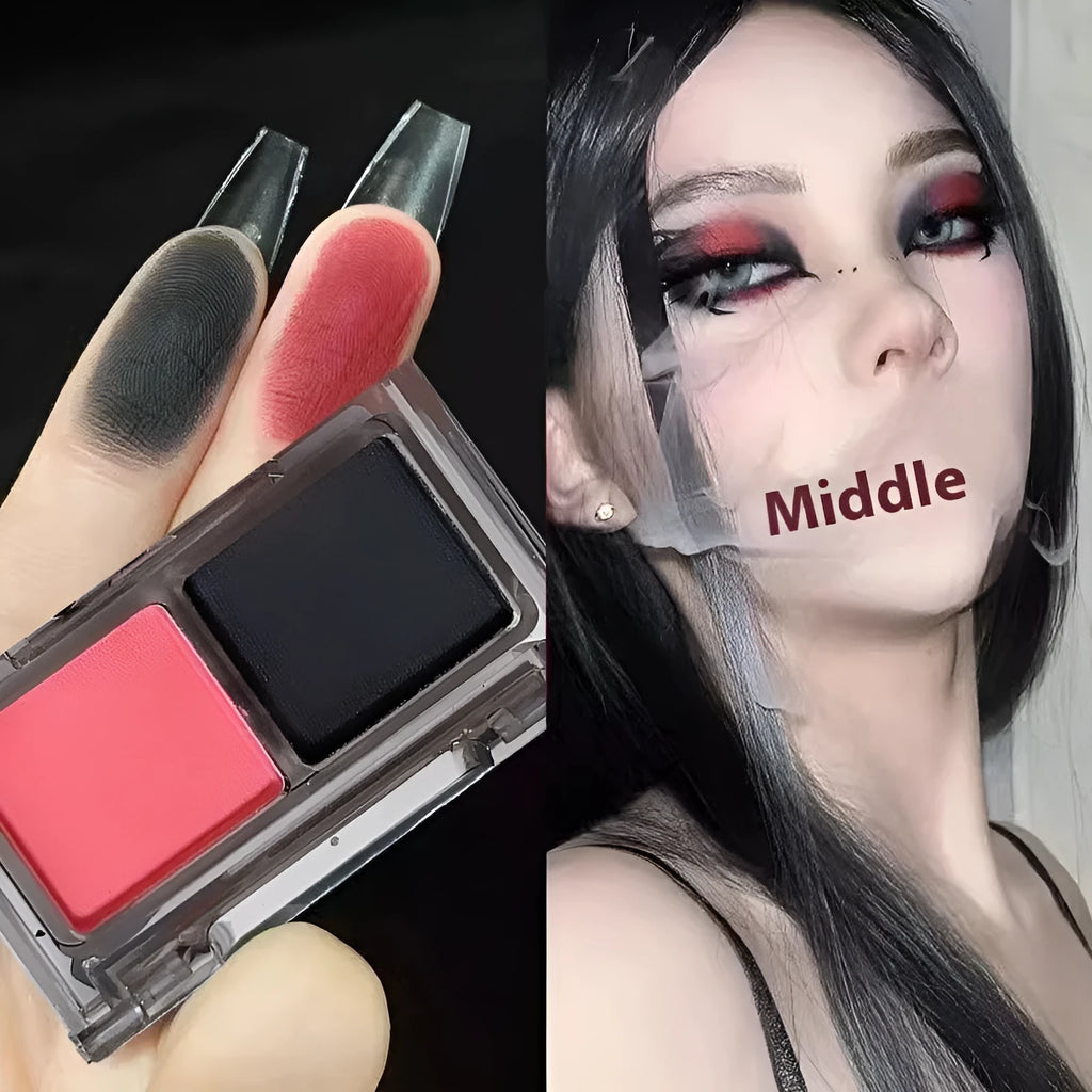DIKALU two-tone eyeshadow palette showing pink and black matte shimmer shades