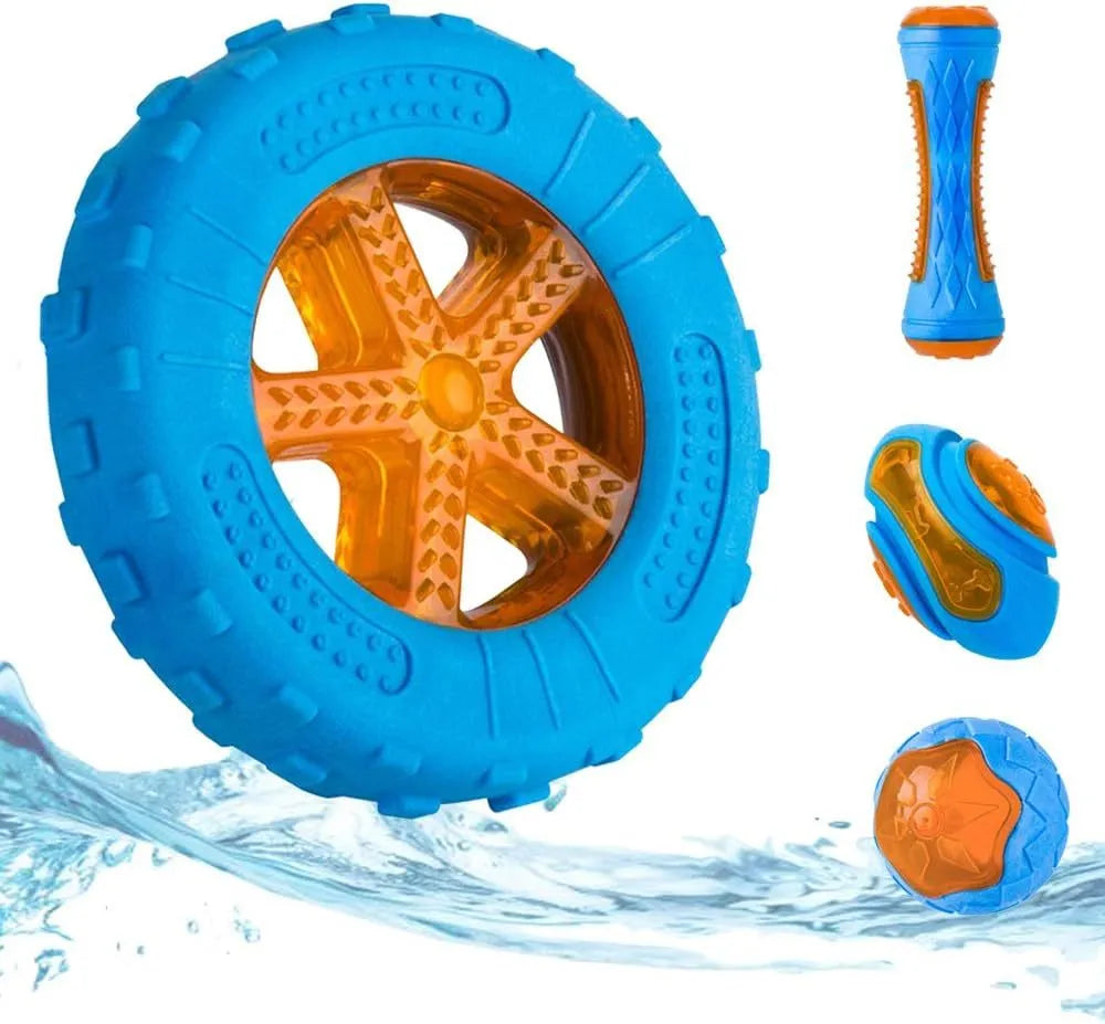 TPR dog toy set with ball, barbell, and tires floating in water
