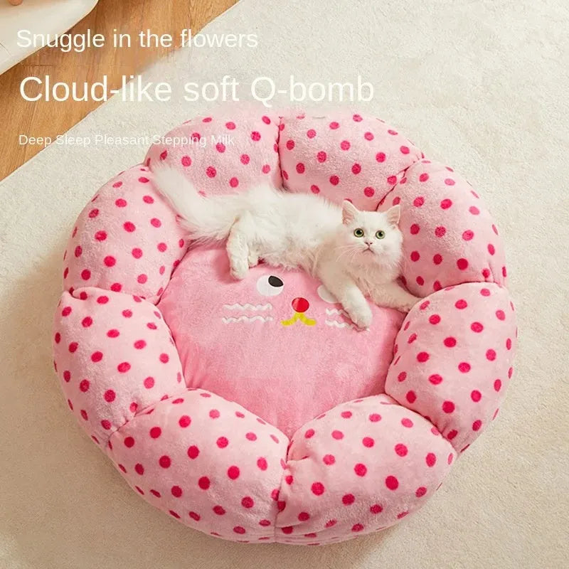 Pink dot pattern fabric cat bed for pets, shown in 45cm and 65cm diameter sizes