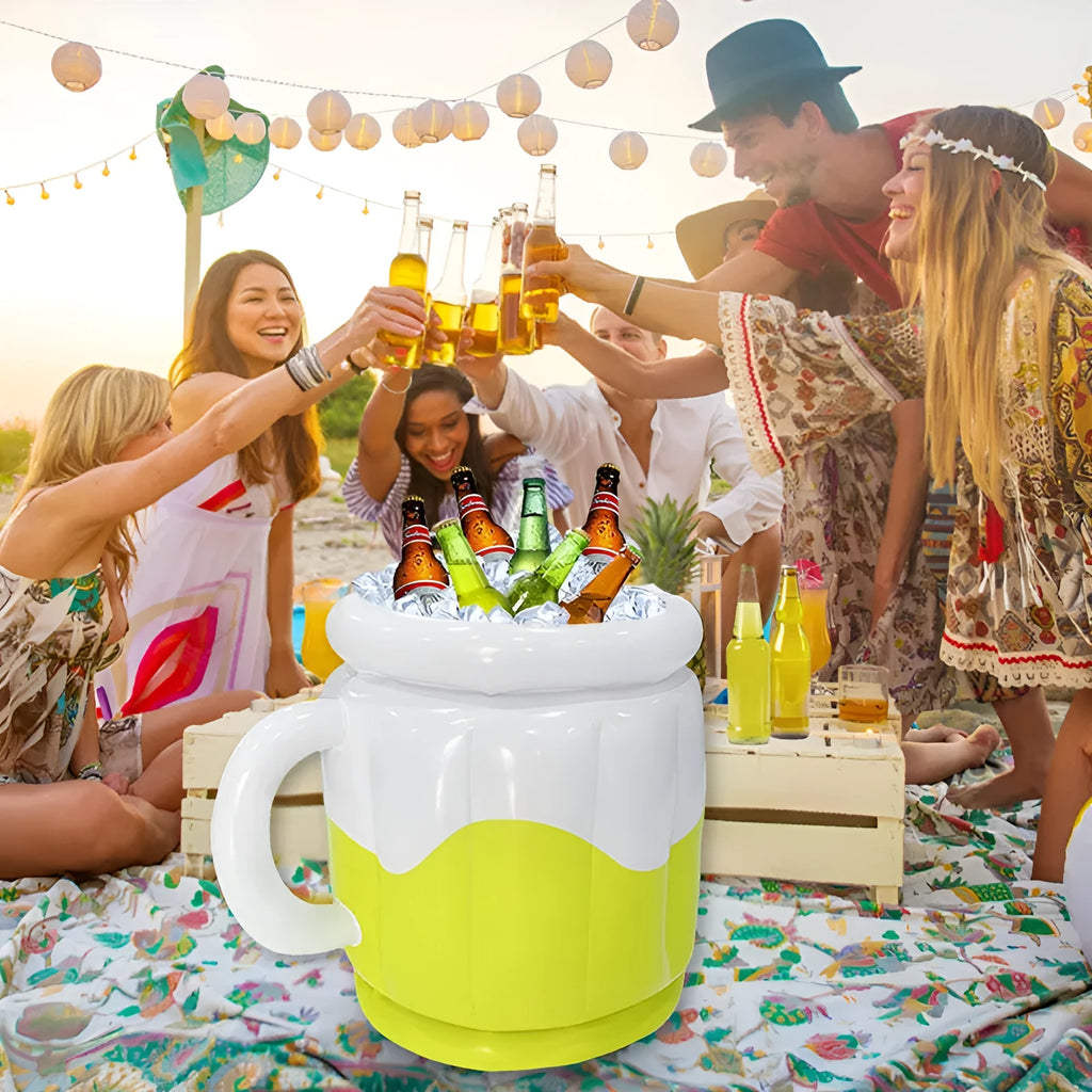 Yellow inflatable PVC ice bucket for drinks, shown deflated and inflated.