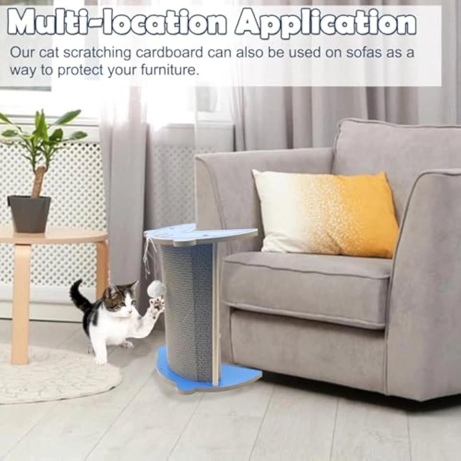 Corner-mounted cat scratching pad with hanging ball toy in grey cardboard