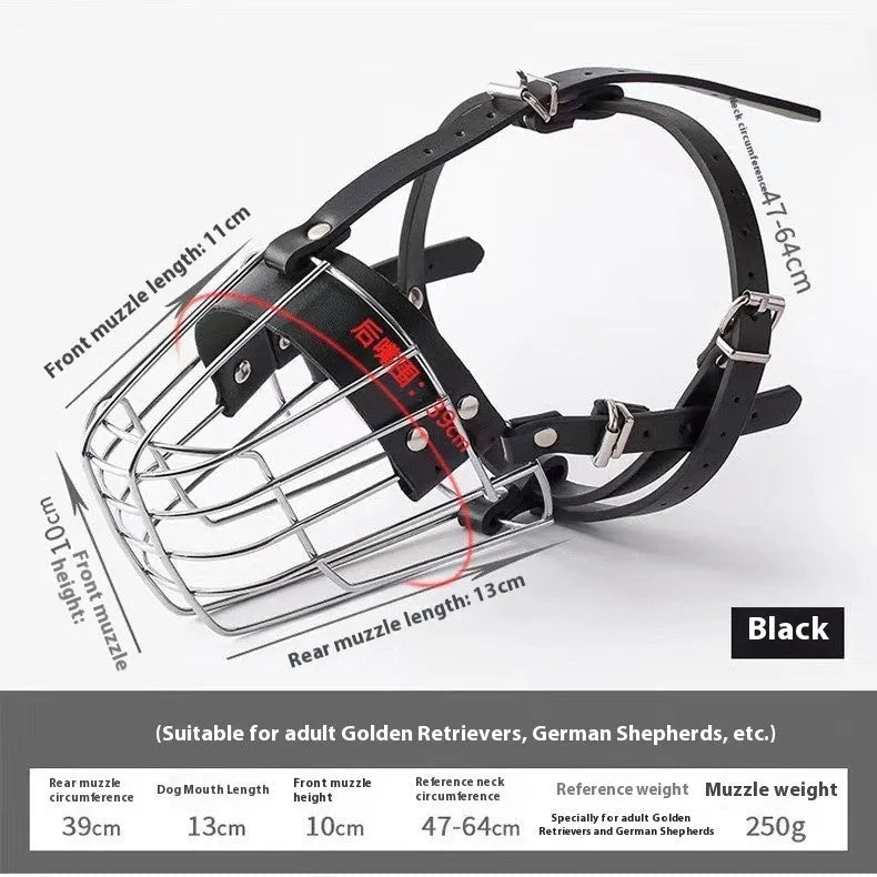 Black metal dog muzzle designed for Golden Retrievers and German Shepherds with buckle strap.