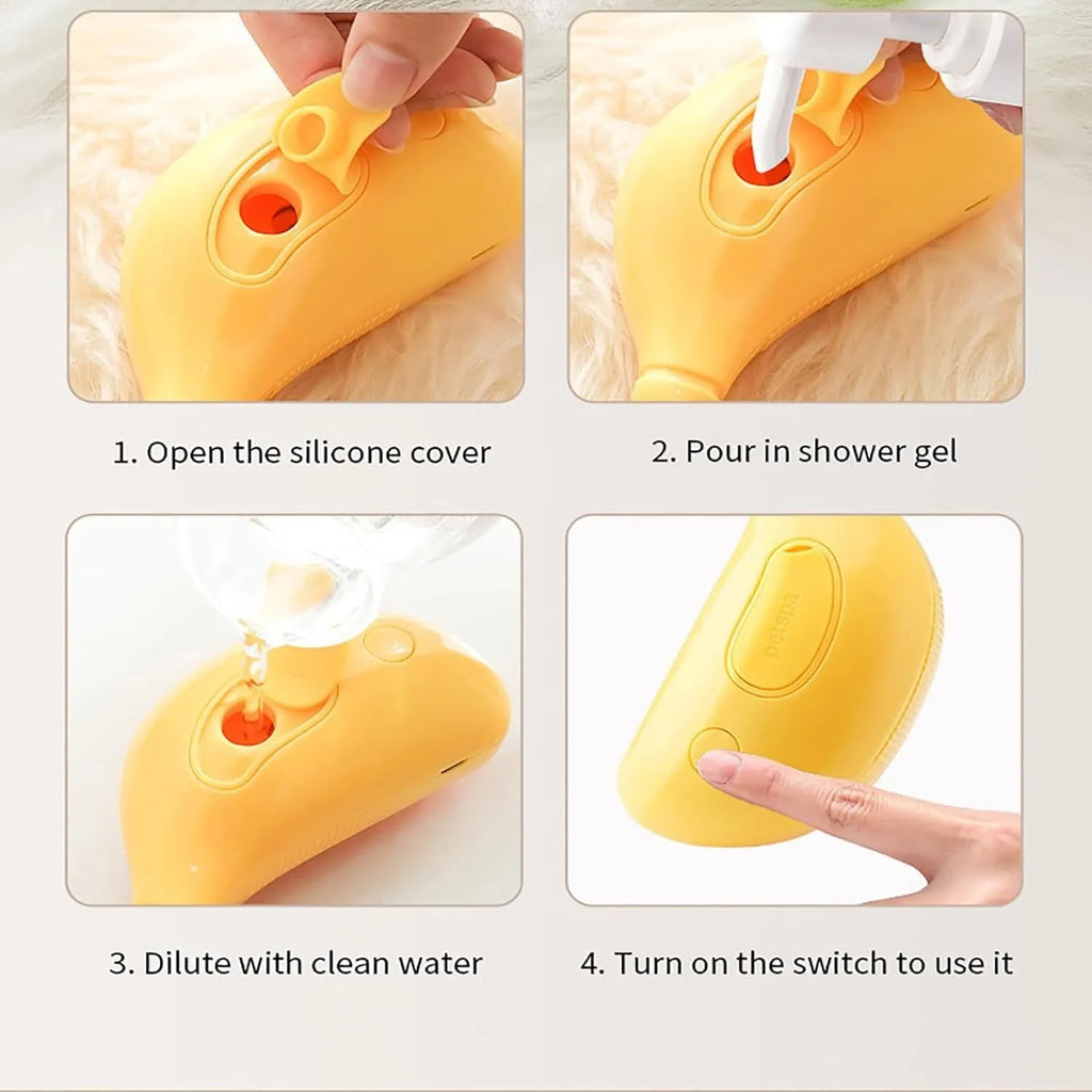 Green and yellow rechargeable cat steam brush with silicone round teeth and cat paw-shaped ends