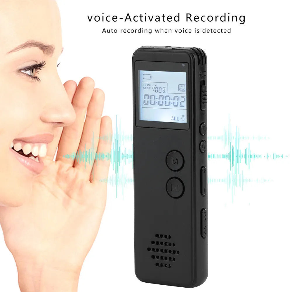 Black matte-finish digital voice recorder with screen, showing compact 88mm size.