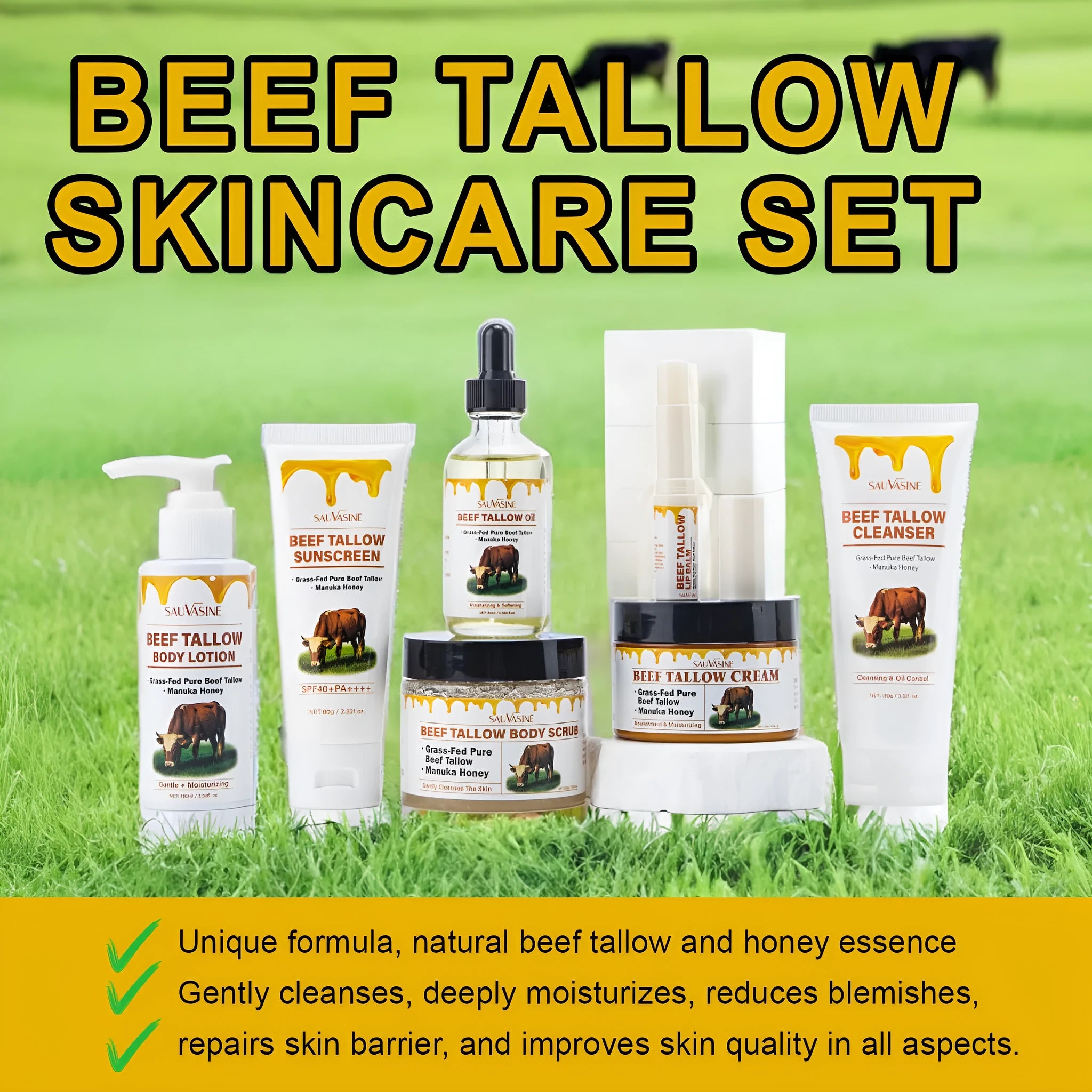 Butter Honey seven-piece skincare set showing cleanser, face cream, lipstick, protective cream, body lotion, facial scrub, and beef tallow cream