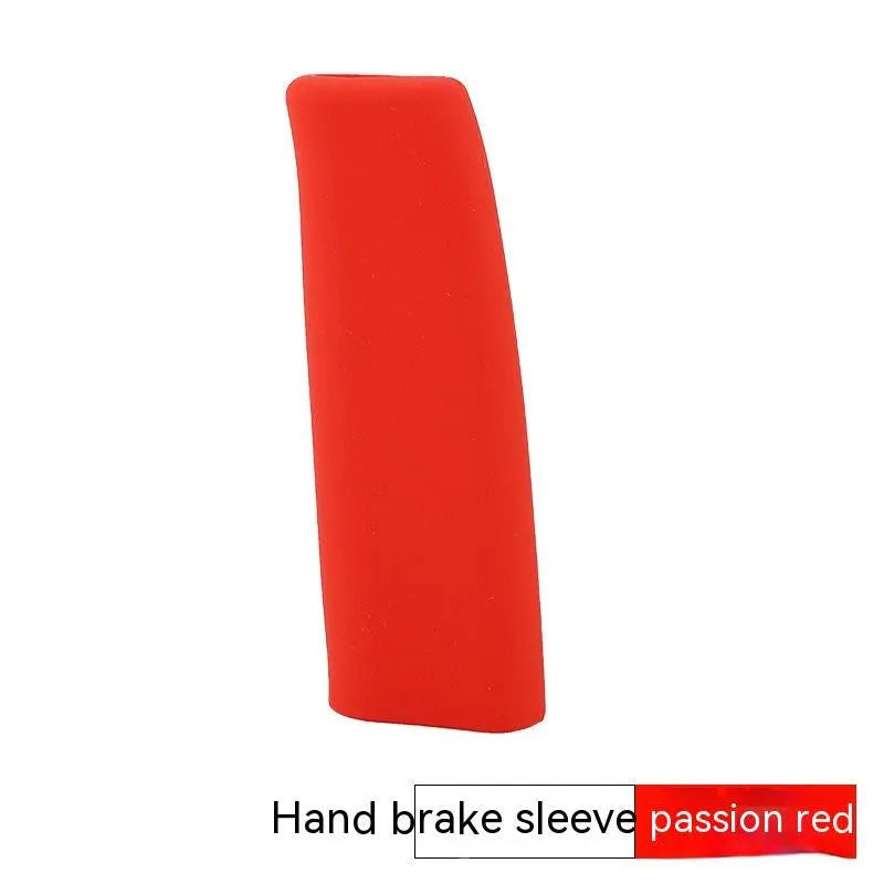 Universal silicone handbrake sleeve for cars shown in available colours: black, gray, beige, red, and blue.