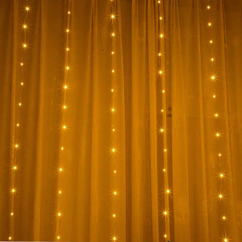 Copper curtain fairy lights with multiple LEDs in blue, purple, and white colours for indoor outdoor Christmas decoration