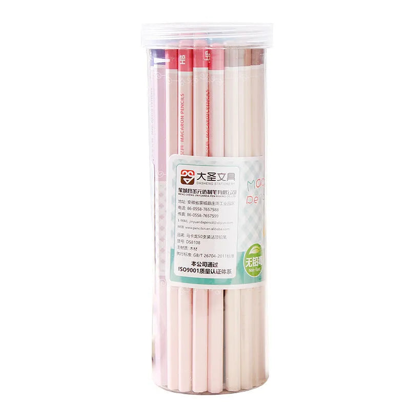 Barrel of 50 natural basswood hexagonal pencils with HB graphite leads for writing and drawing.