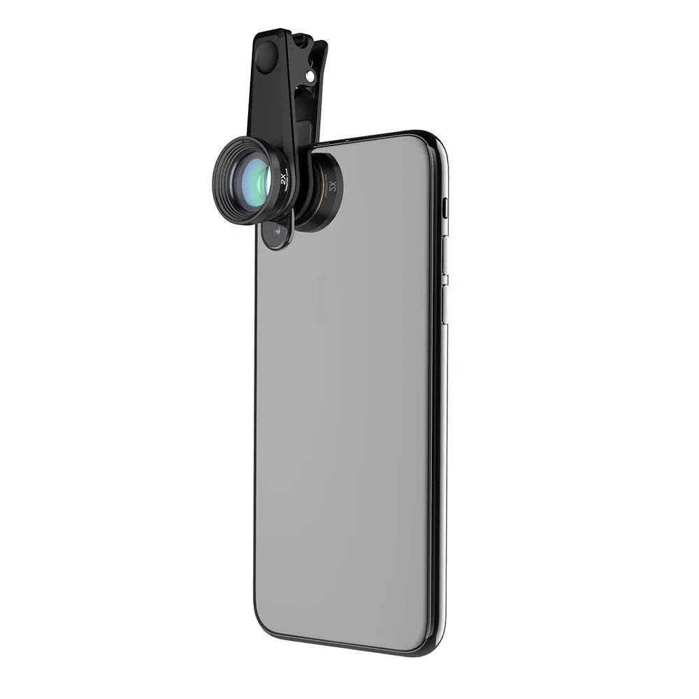 Black 6 in 1 smartphone camera lens kit with fisheye, macro, wide angle, telephoto, CPL and star filter lenses on a universal clip.