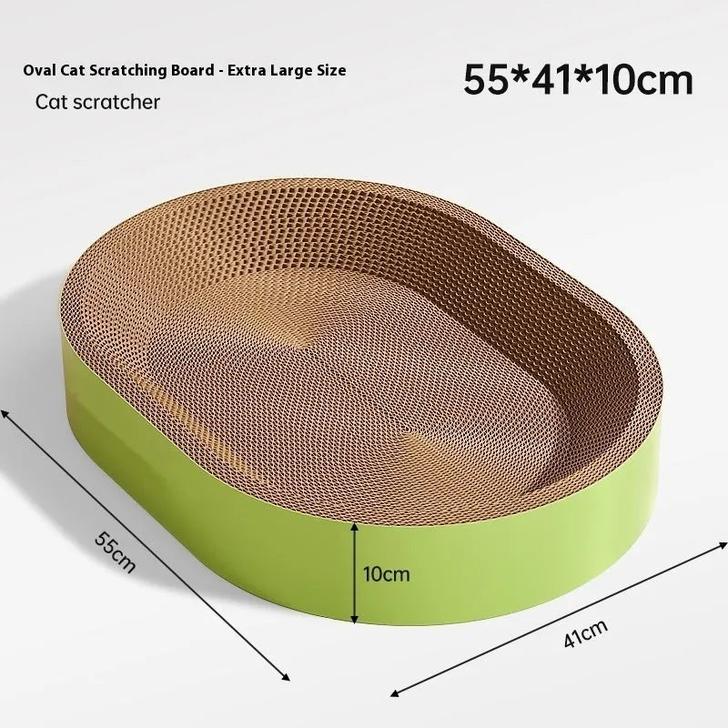 Green or purple oval corrugated paper cat scratch board and nest measuring 55cm in diameter