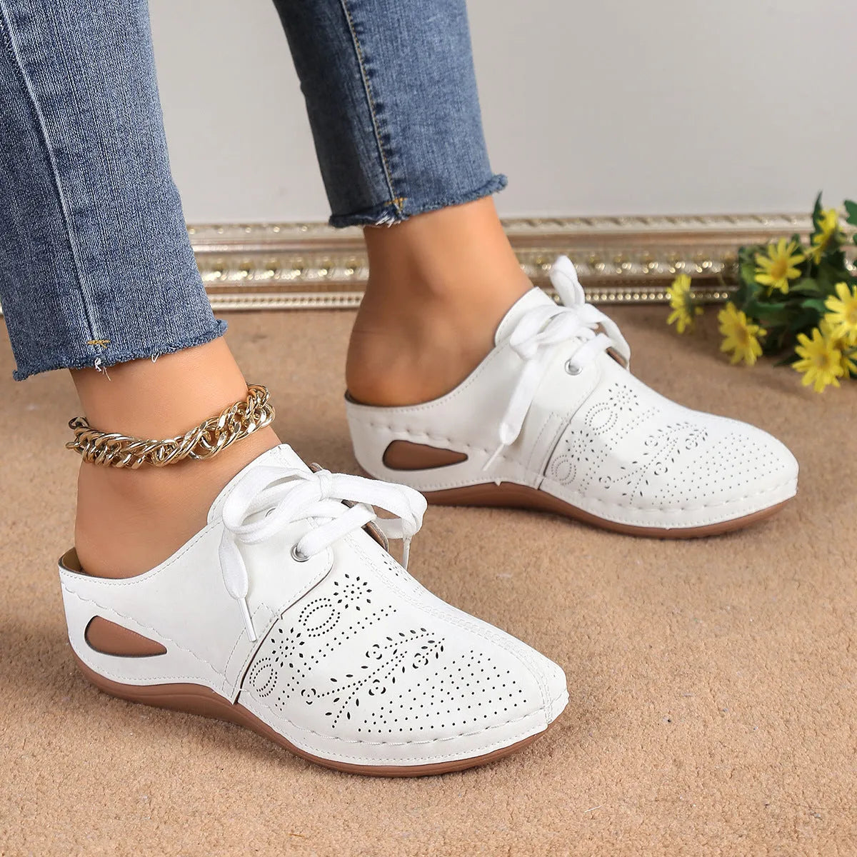 Women's summer lace-up slippers with hollow out wedges in suede and rubber construction