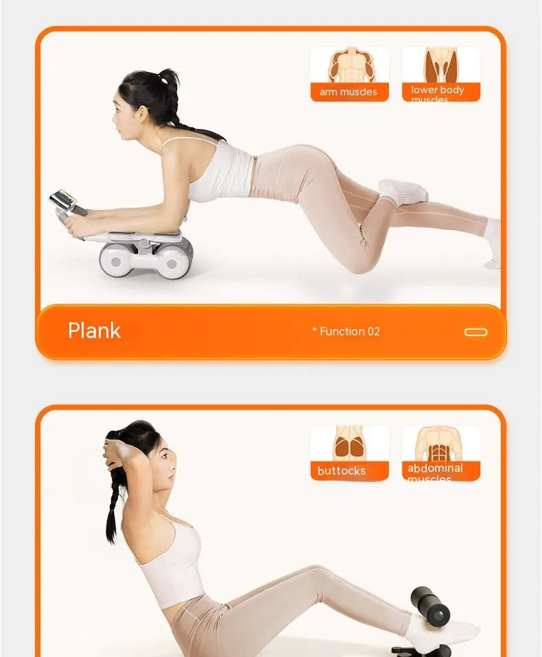 White belly contracting and rolling fitness equipment with LED timing and calorie counting screen