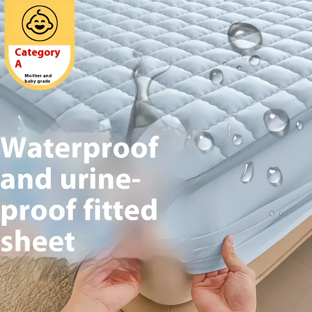 Class A maternal and child grade waterproof fitted sheet in blue colour with quilted edging