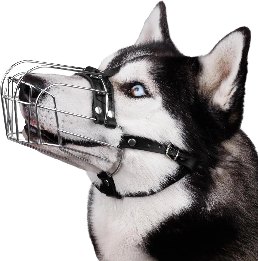 Black metal dog muzzle designed for Golden Retrievers and German Shepherds with buckle strap.