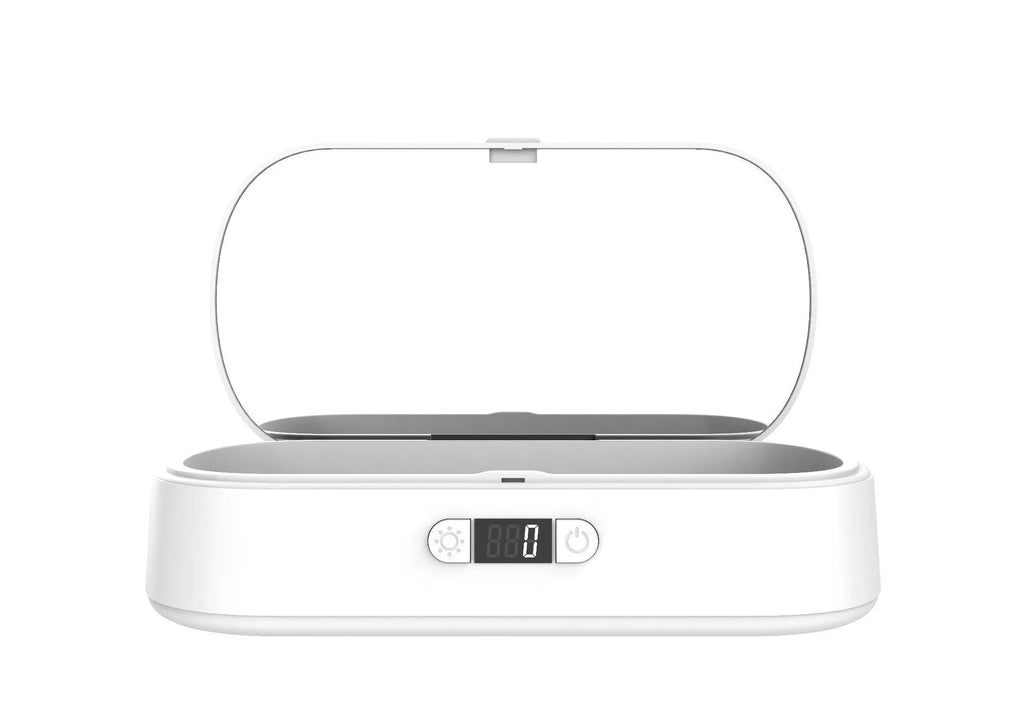 White UV sterilisation box with aromatherapy function for wireless charging and disinfection of personal items