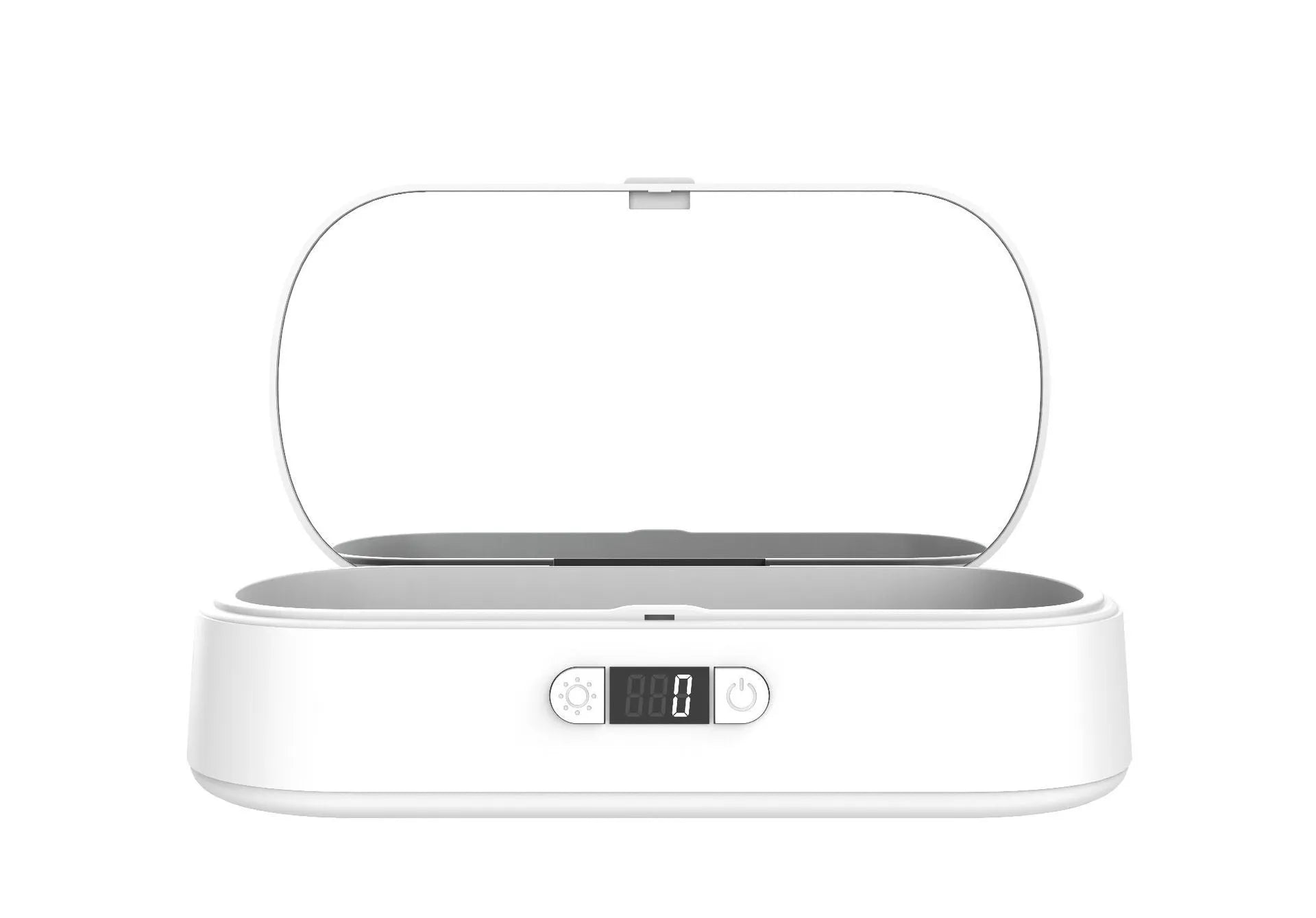White UV sterilisation box with aromatherapy function for wireless charging and disinfection of personal items