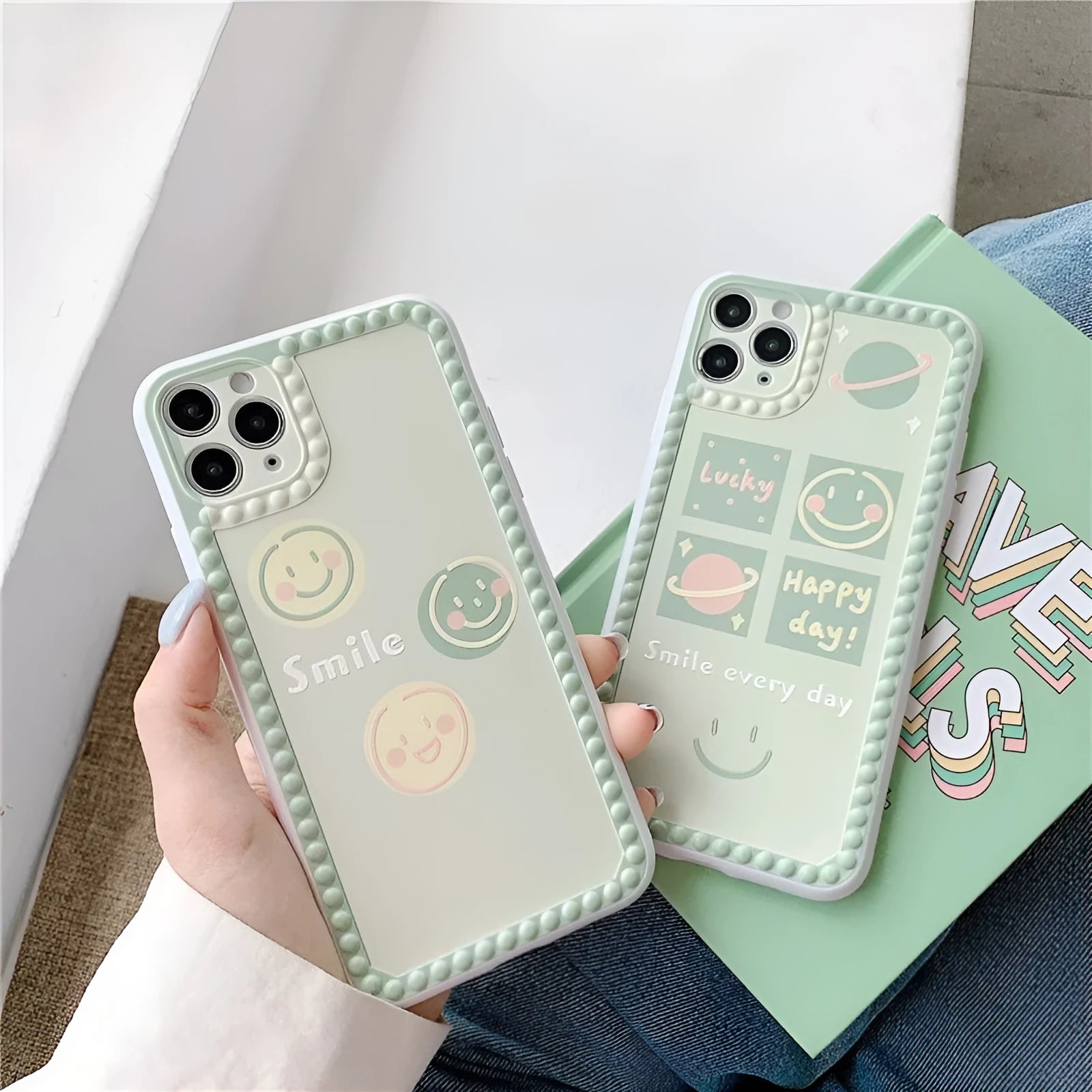 Geometric smiley face TPU phone case for iPhone with polka dot frame design