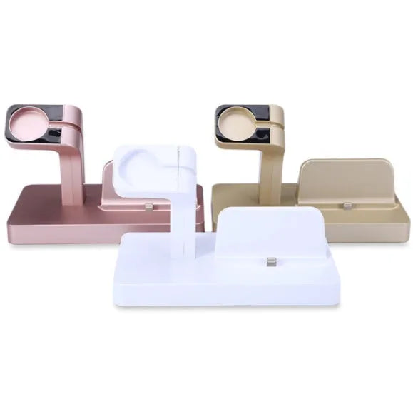 White 2 in 1 desktop charging dock station holding an iPhone and an Apple Watch upright.