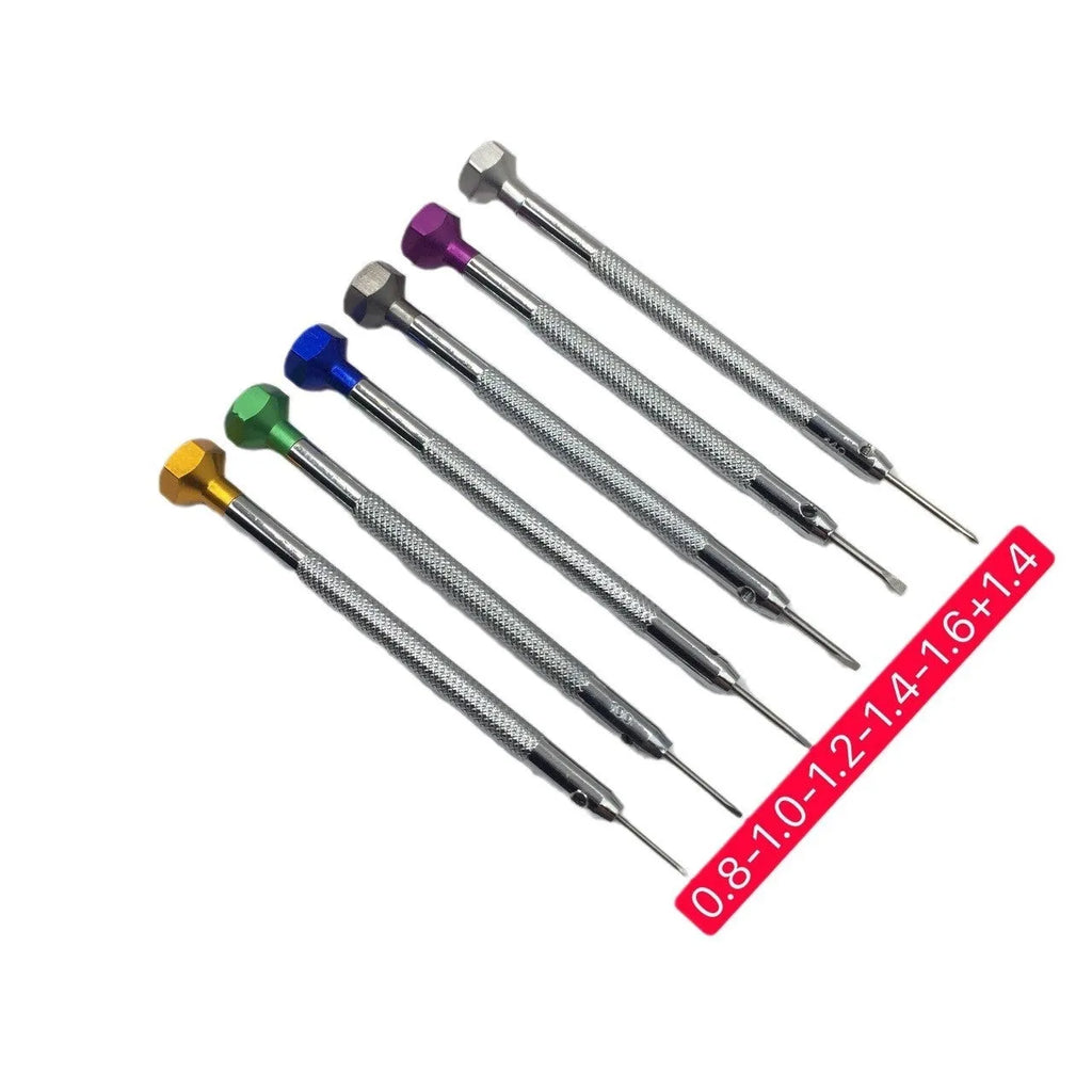 Six colour-coded screwdrivers for watch repair in aluminium case with spring steel cutter heads