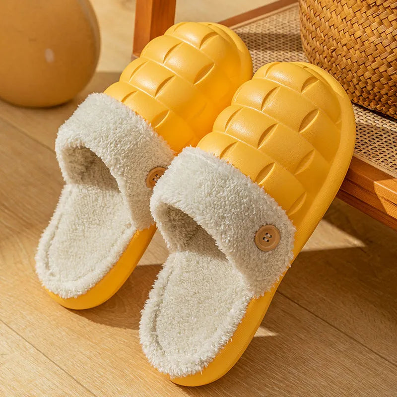 Plaid detachable EVA slippers with plush lining, shown in pink, with a round toe and flat sole.