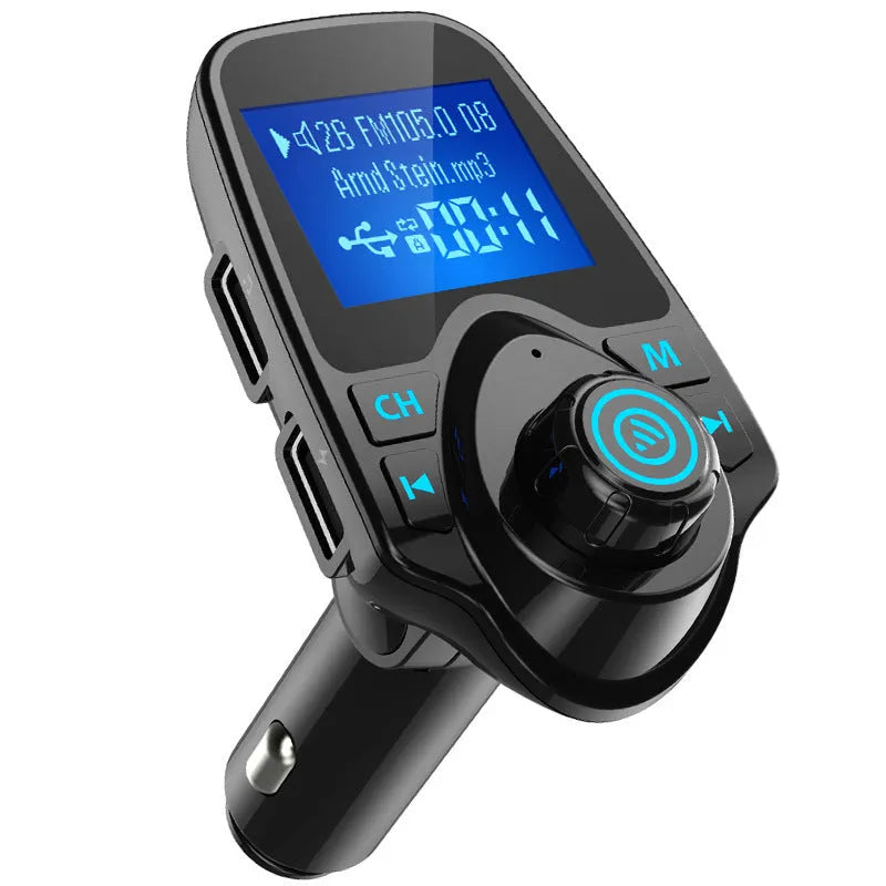 Black car Bluetooth FM transmitter with USB port and memory card slot for hands-free calling and music playback