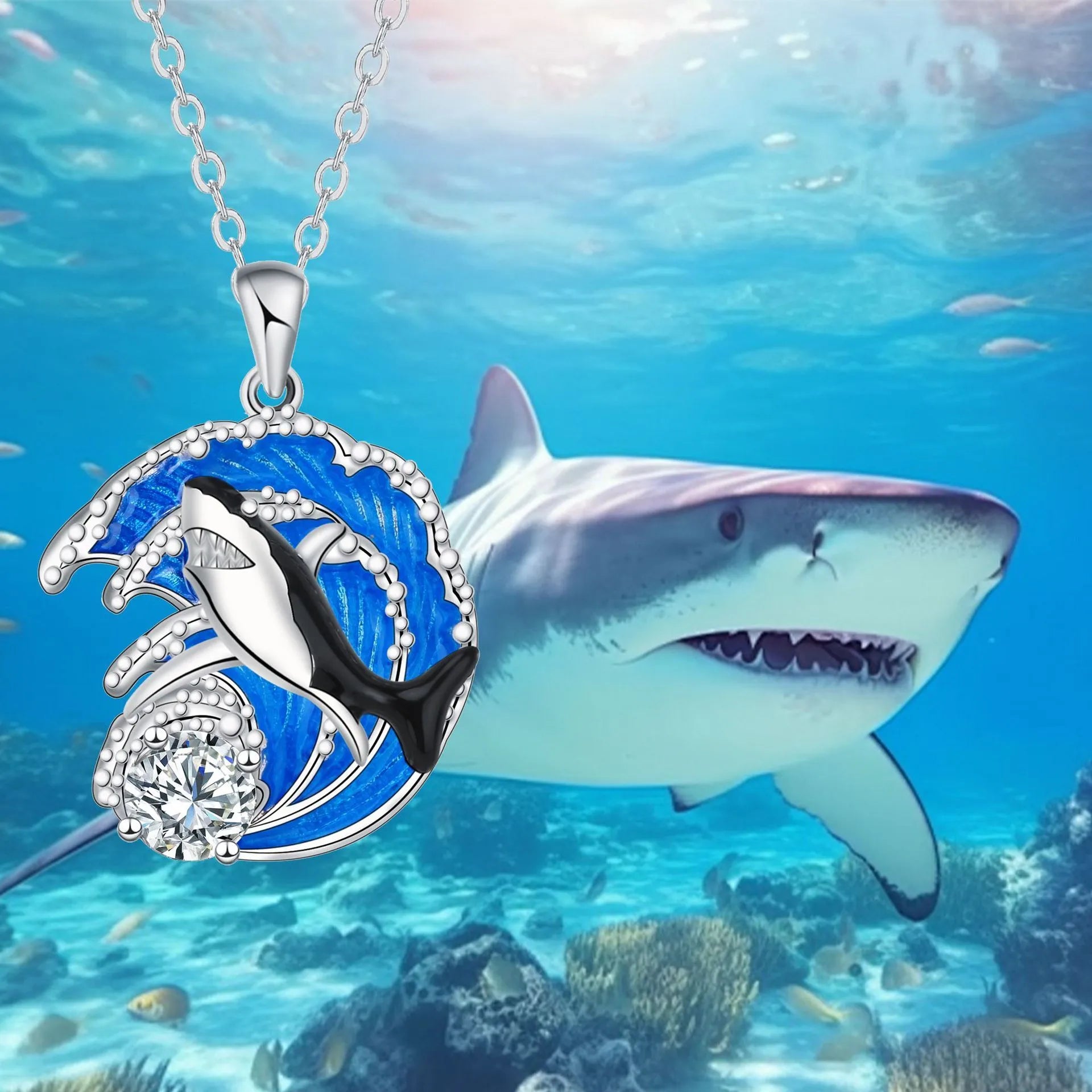 Shark pendant necklace with copper animal modelling on adjustable cross chain