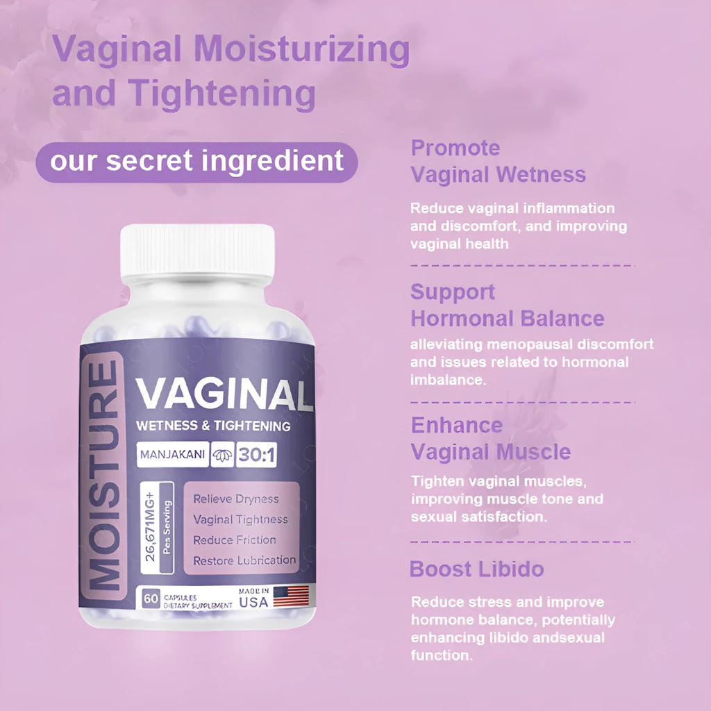 Bottle containing 60 vaginal supplement capsules for adult women's intimate health
