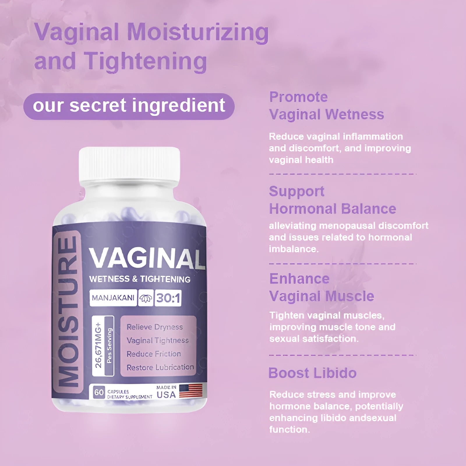 Bottle containing 60 vaginal supplement capsules for adult women's intimate health