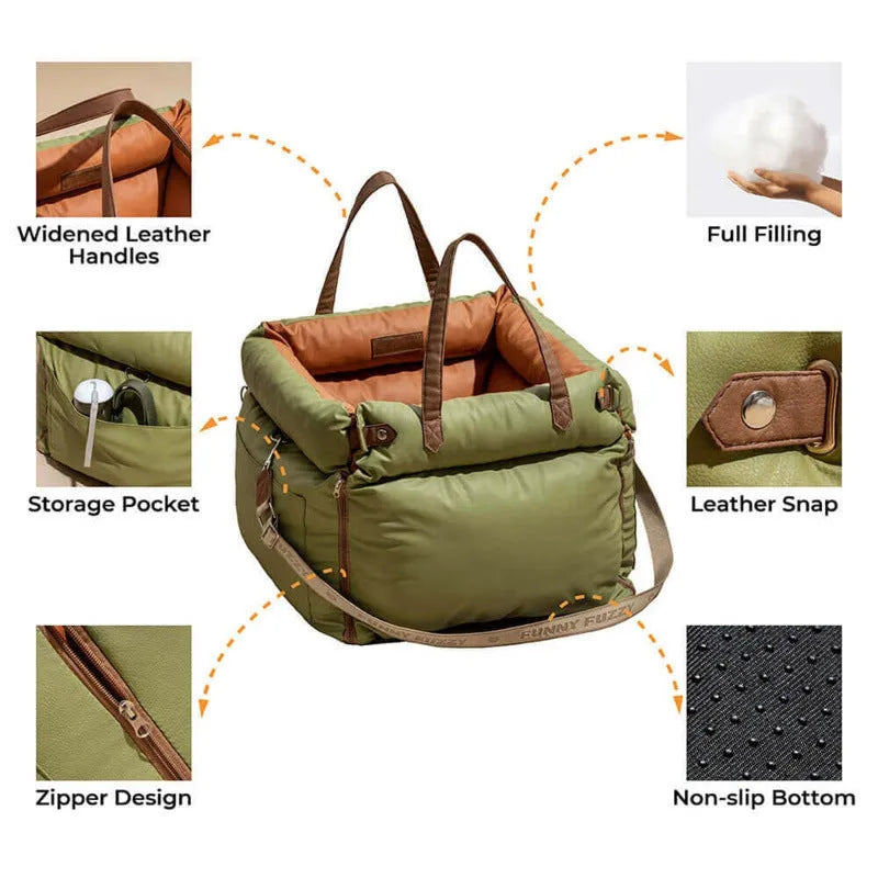 Green waterproof PU leather dog car nest with removable cover, shown in a car footwell.
