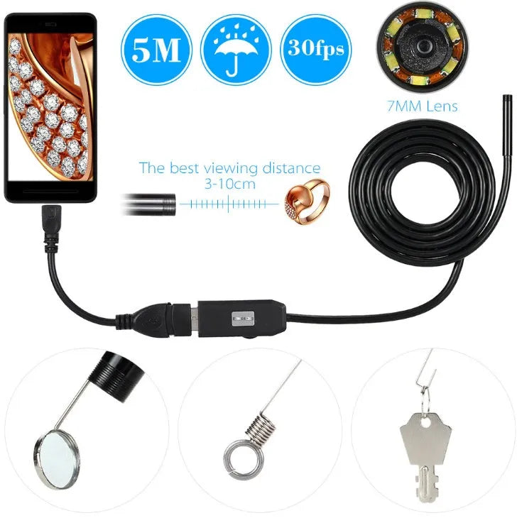 OWSOO USB endoscope with 5m cable, 7mm camera lens, small hook, magnet, and side mirror for phone inspection.