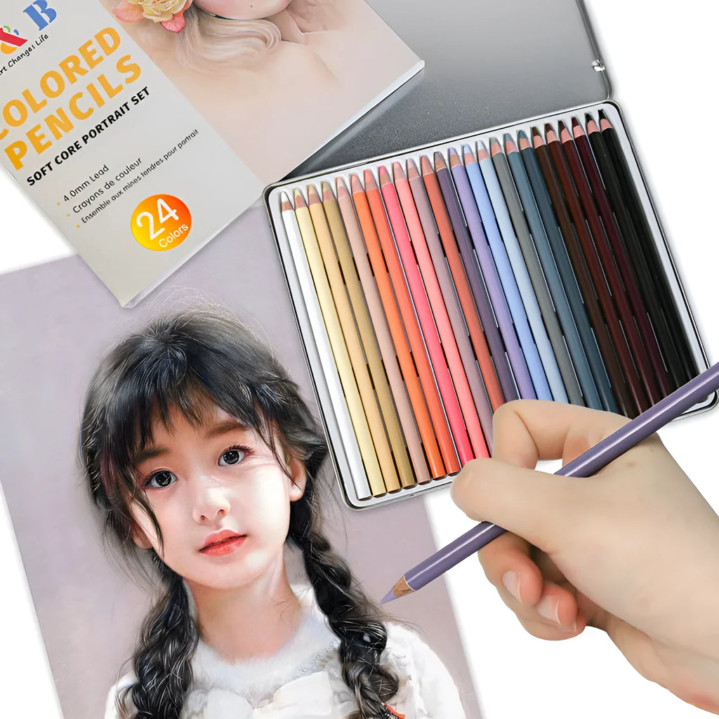 24-colour skin tone portrait pencils in round metal tin case for realistic figure drawing