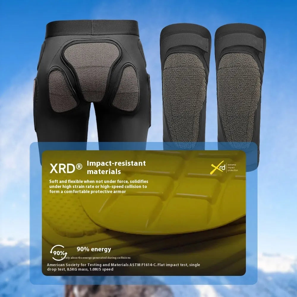 X-ray diffraction ski protective gear set showing slim hip pads and multi-protection knee pads for inner wear.
