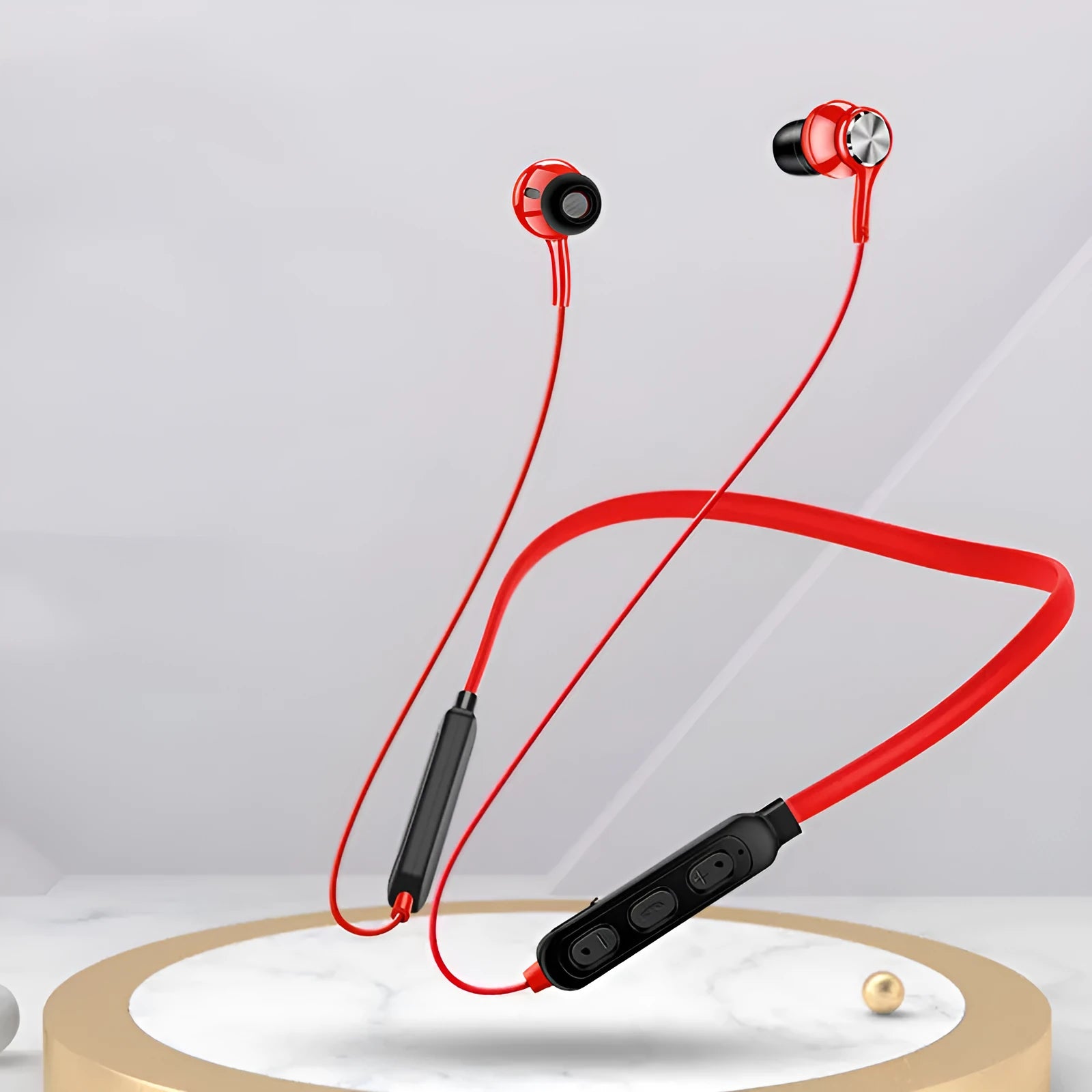 G03 red boxed neckband sports Bluetooth earphones showing neckband design and earpieces.