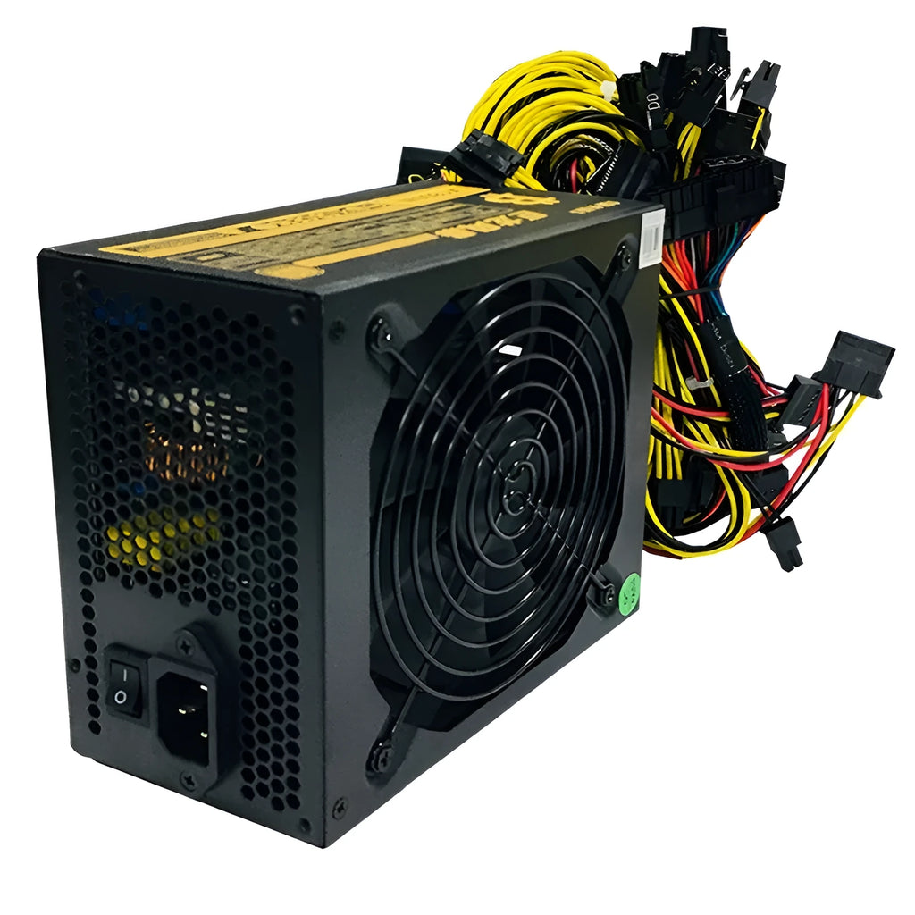 Black server power supply unit with 110V input, multiple GPU power connectors, and a 4+4 CPU pin.