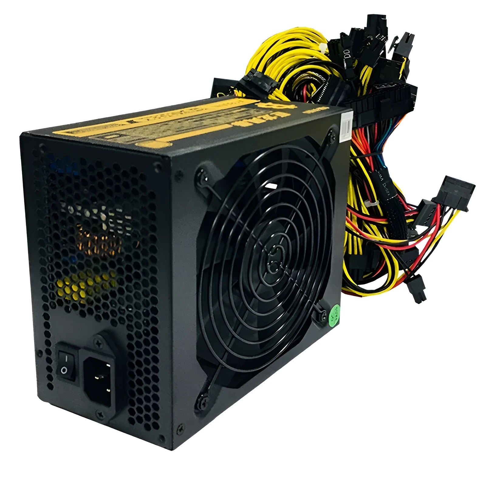 Black server power supply unit with 110V input, multiple GPU power connectors, and a 4+4 CPU pin.
