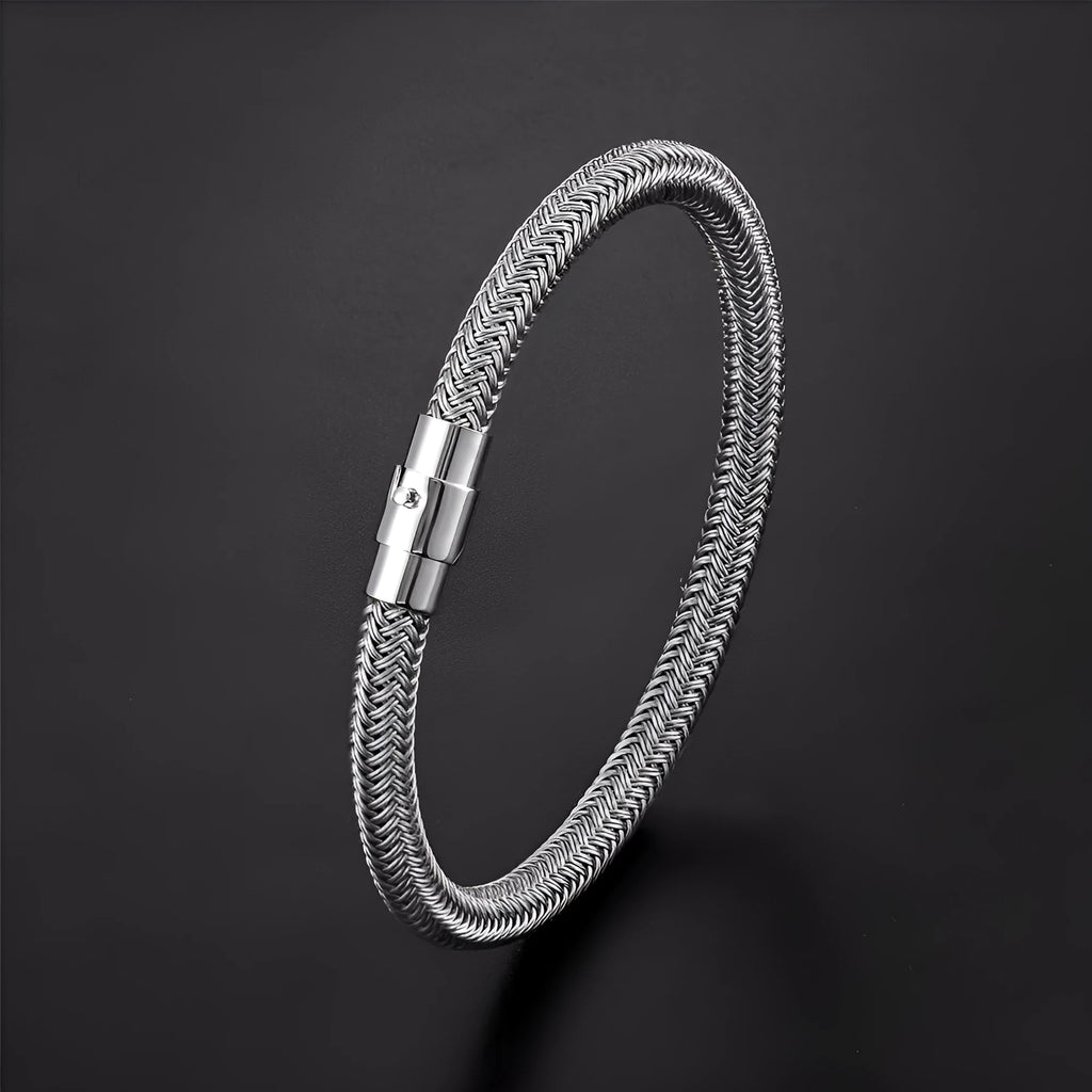 Titanium steel wire bracelet with magnetic clasp shown in a geometric unisex design.