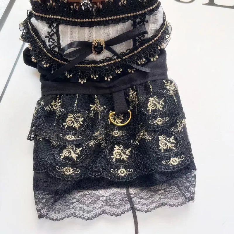 Golden Gothic princess skirt costume for a small dog or cat on a mannequin