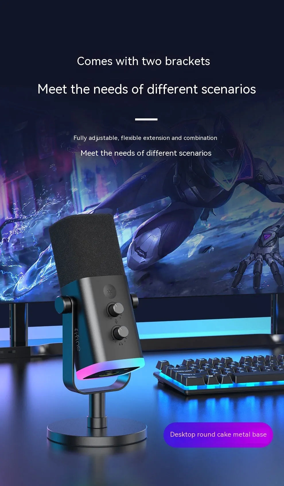 Dynamic noise reduction condenser microphone in black with XLR and USB-C cables on desk stand