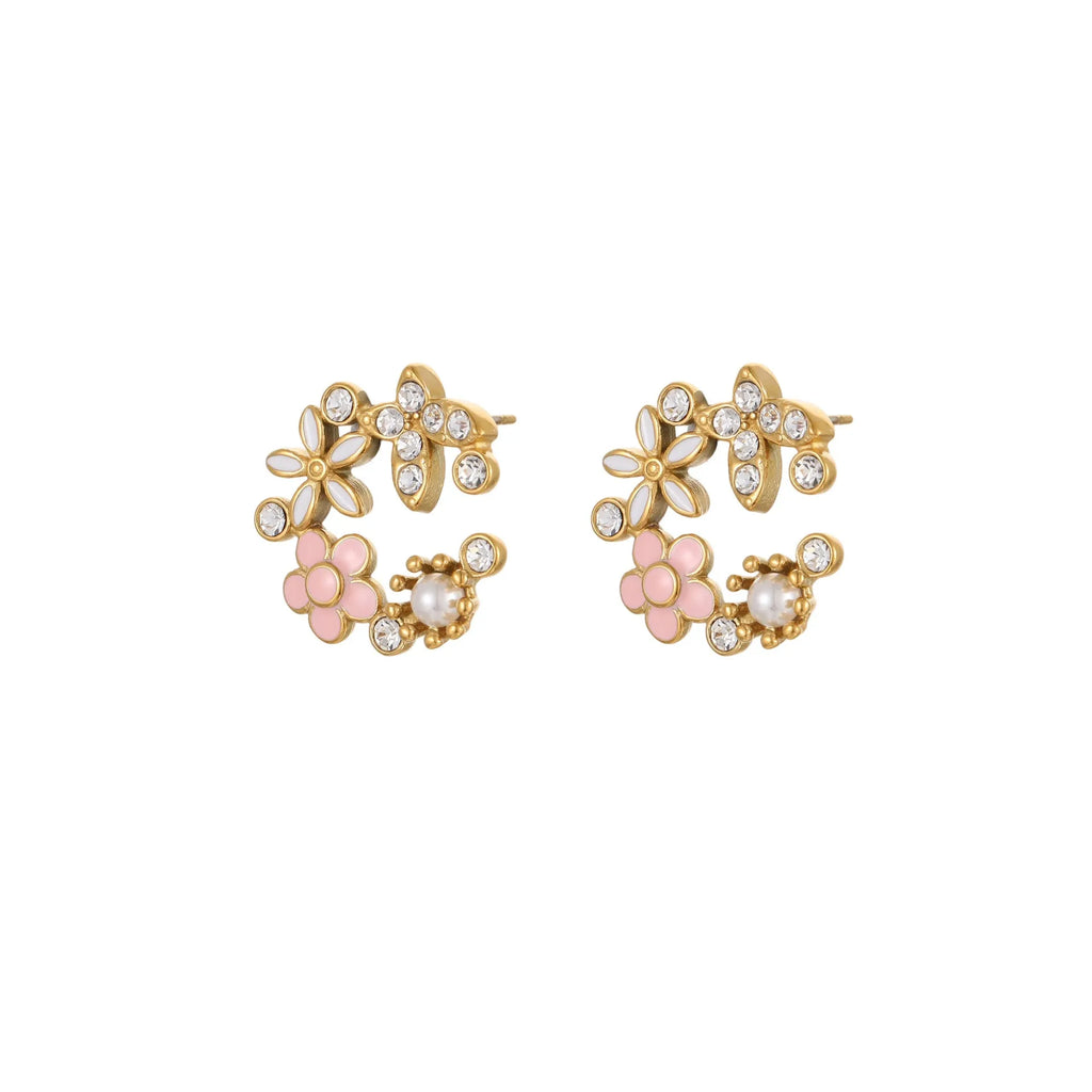 Gold plated flower stud earrings with petal design on stainless steel base