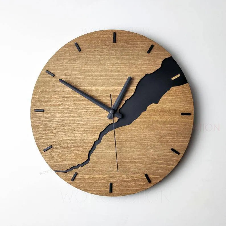 Simple wooden wall clock with creative cracked finish design in modern style