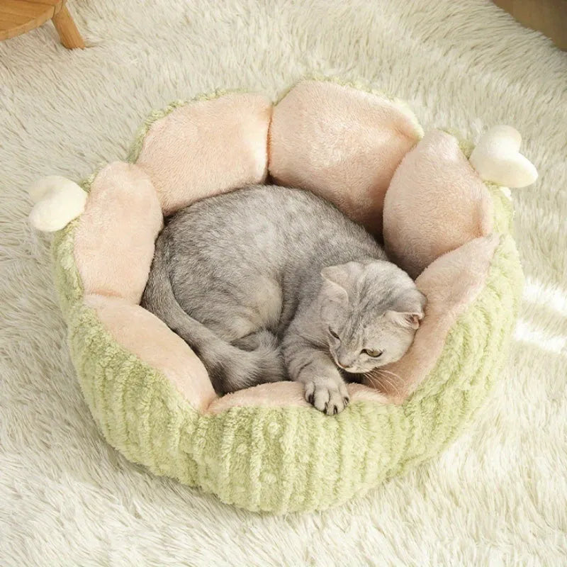 Green soft cat kennel pet bed with cactus design, shown next to a purple version.