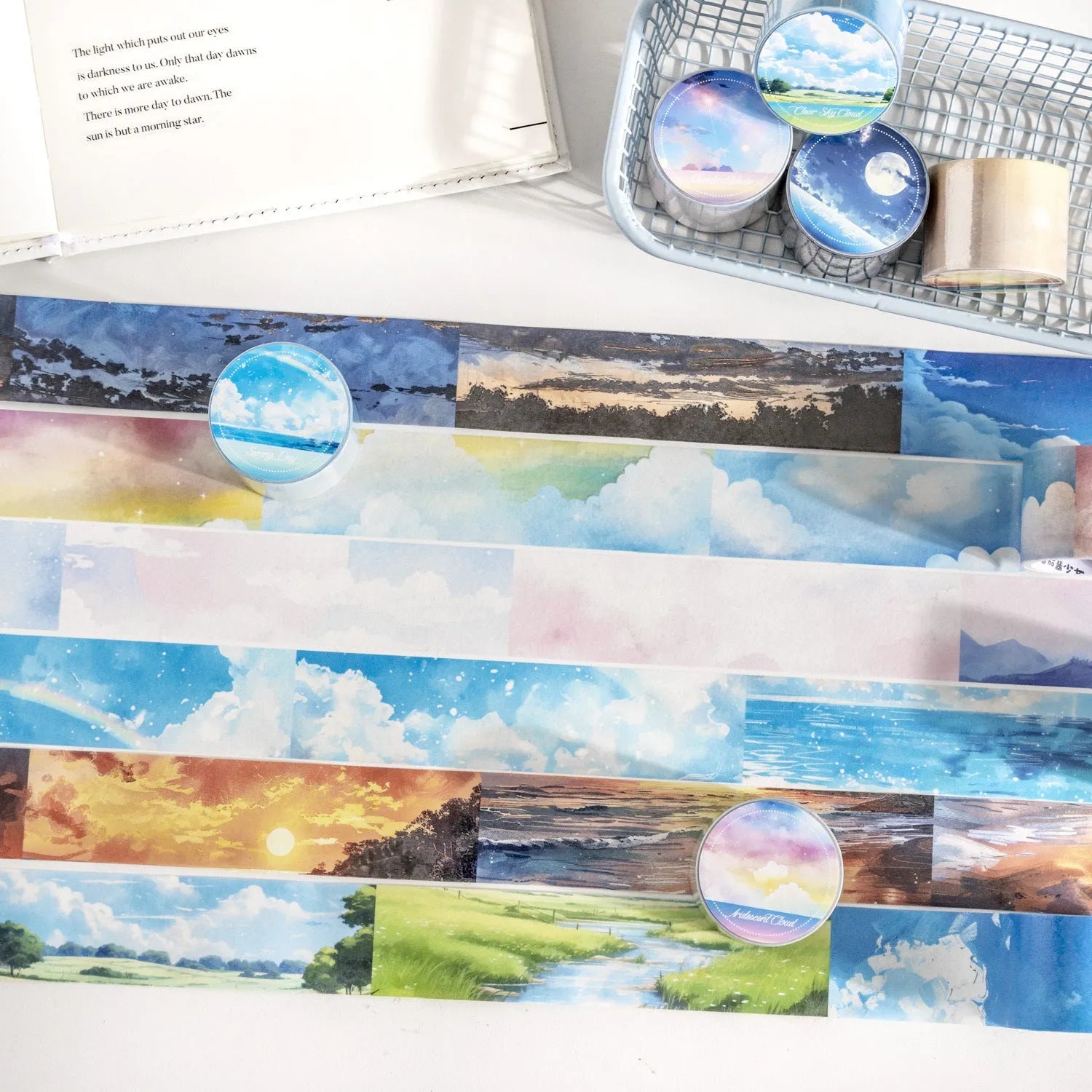 Japanese paper washi tape roll with celestial sky designs including twilight and colourful clouds patterns