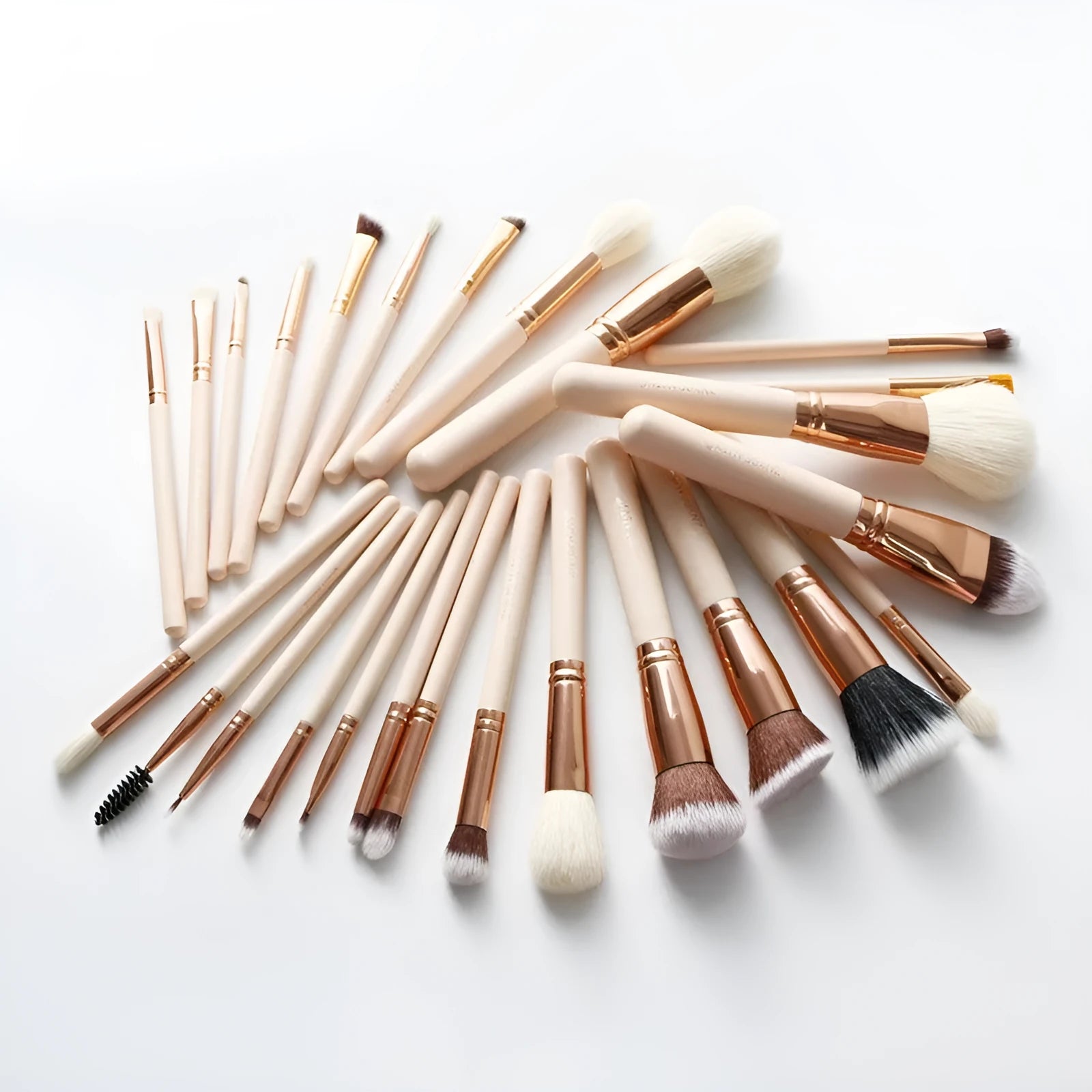 26 pink makeup brushes with wool bristles and wooden handles in a PU storage bag.