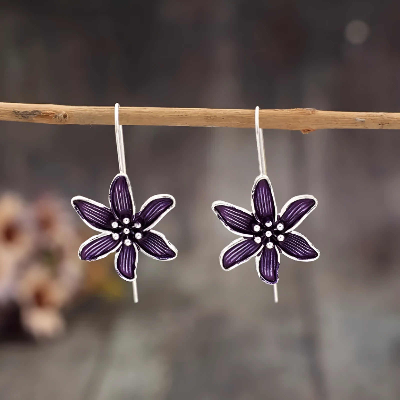 Purple flower-shaped alloy earrings with electroplated finish and butterfly clasps